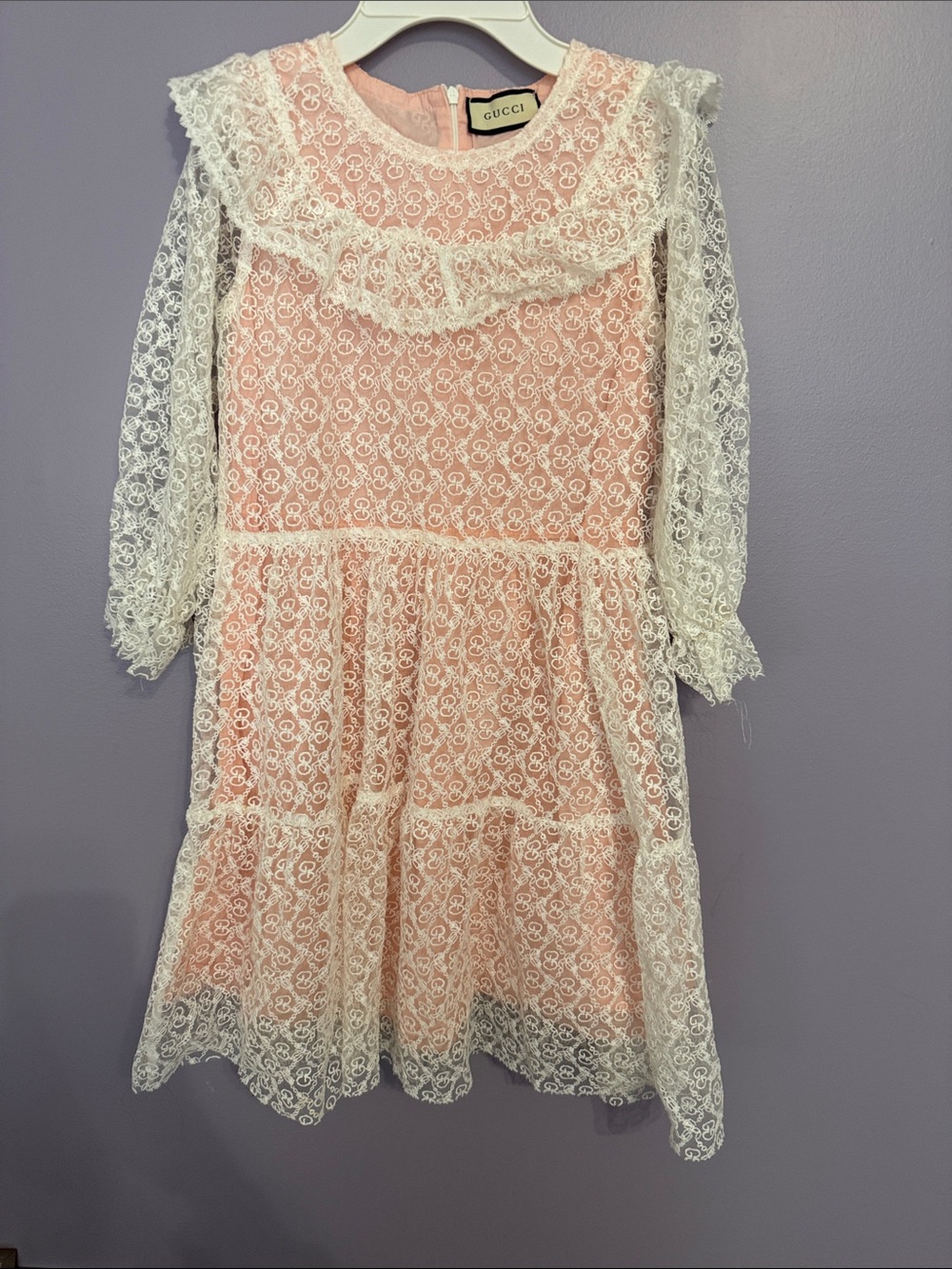Gucci Girls Pink Dress with White Lace Overlay